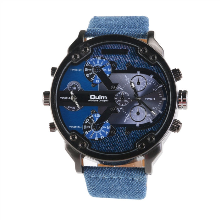 Fashionable Men's Big Round Dial Dual Time Display Quartz Wrist Watch With Cloth Band