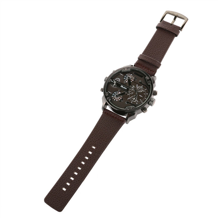 Fashionable Men's Big Round Dial Dual Time Display Quartz Wrist Watch With Cloth Band
