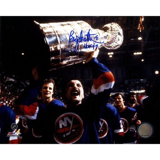 Bryan Trottier Signed Islanders Cup over Head Horizontal 8x10 Photo w/ "HOF 97" Insc.