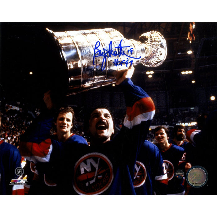 Bryan Trottier Signed Islanders Cup over Head Horizontal 8x10 Photo w/ "HOF 97" Insc.